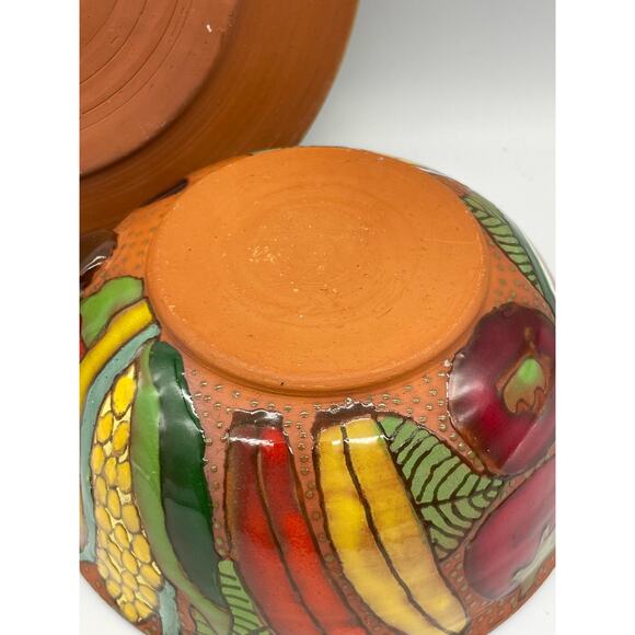 Red-ware Vintage Handled Bowl / Pot & Plate Folk-art Fruit Pattern - Picture 5 of 6